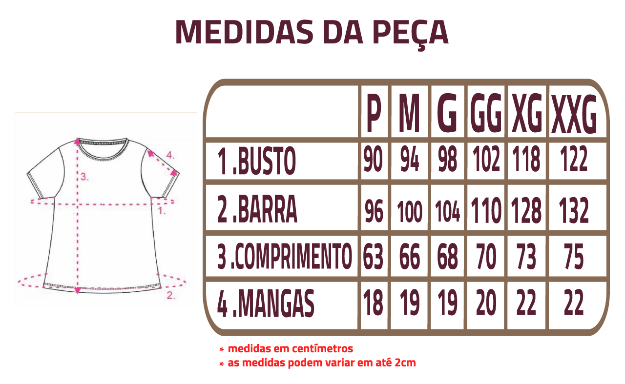 Tabela de medidas da peça